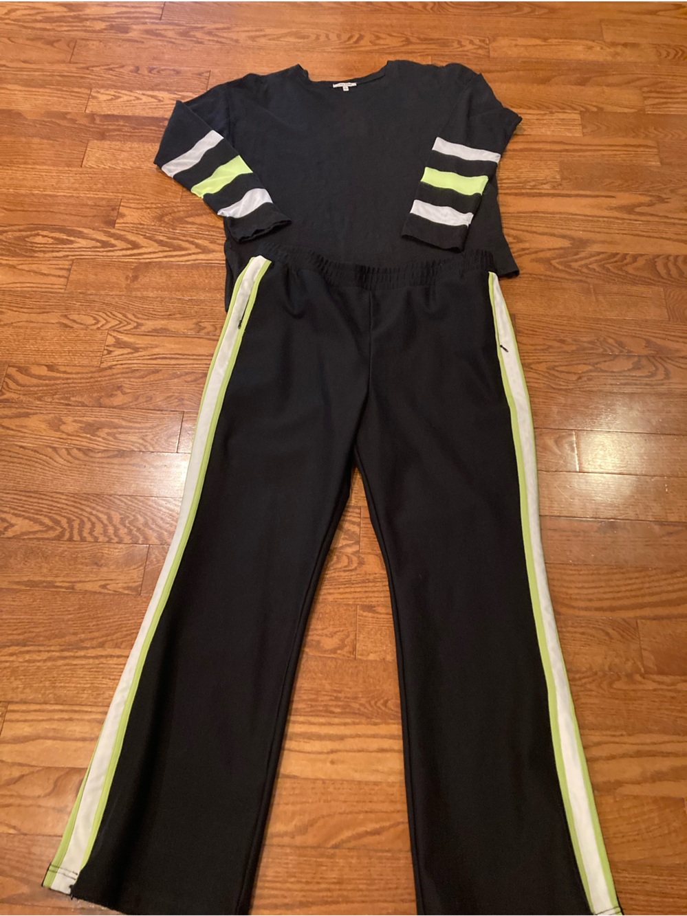 Anthropologie Black Track Pants with Lime Green & White Side Stripes & shirt.
